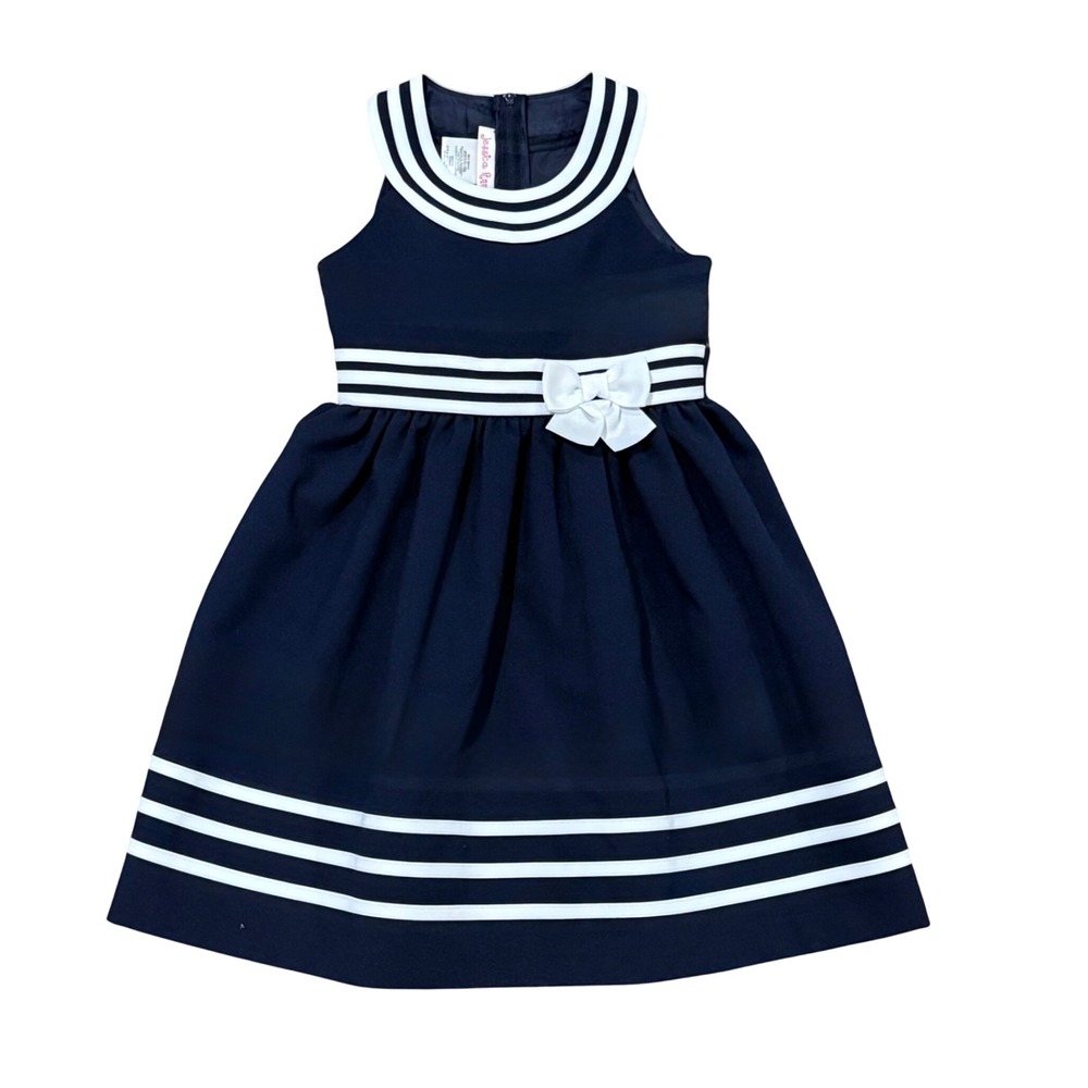 Jessica Ann Girls Navy Blue White Striped Nautical Bow Party Dress Size 6